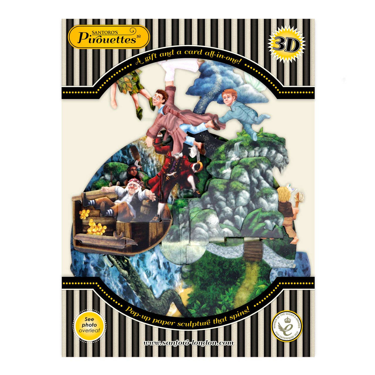 Peter Pan Pirouette Card in original Santoro London packaging featuring the illustrated Neverland design