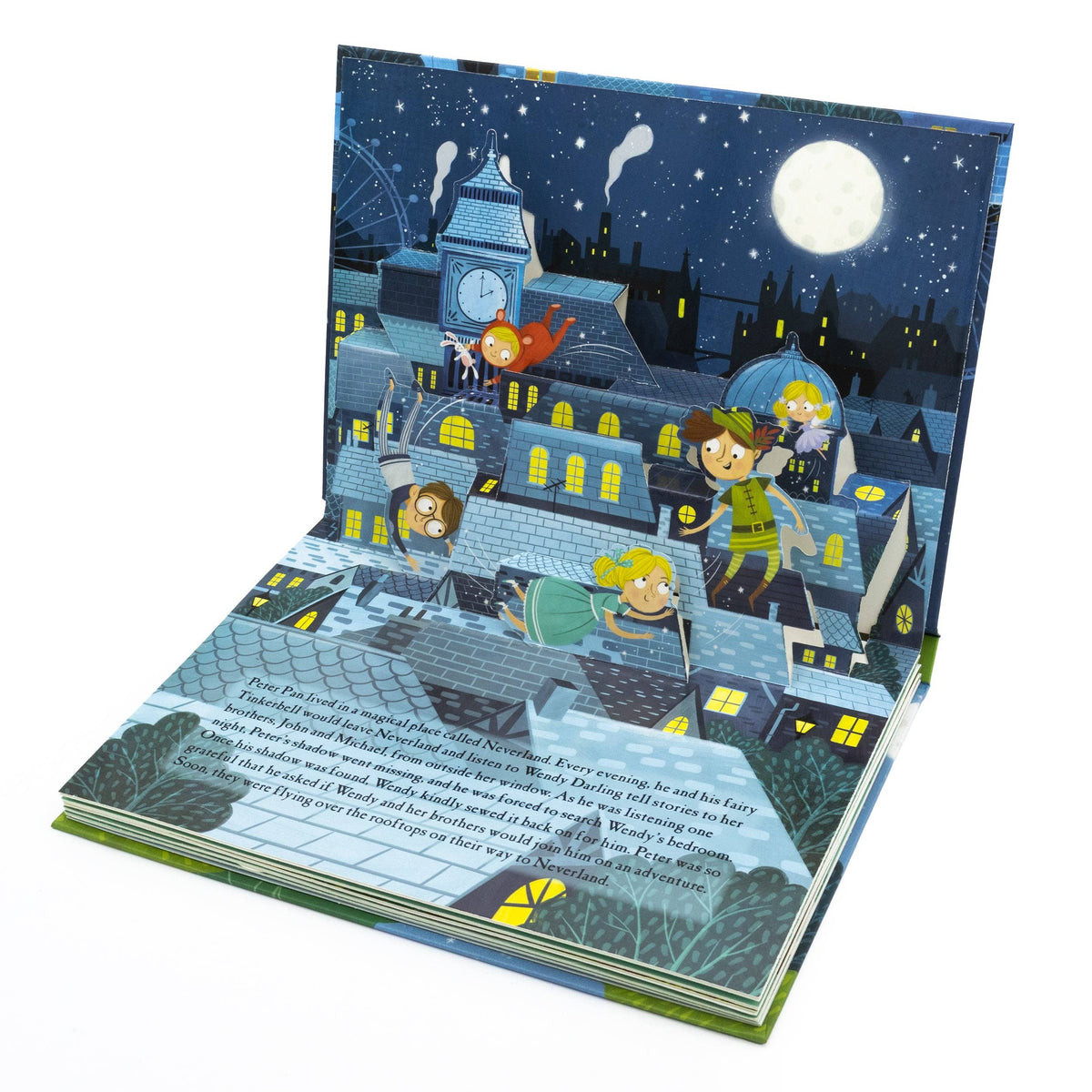 Peter Pan pop-up book showing a colourful interactive story scene with illustrated text