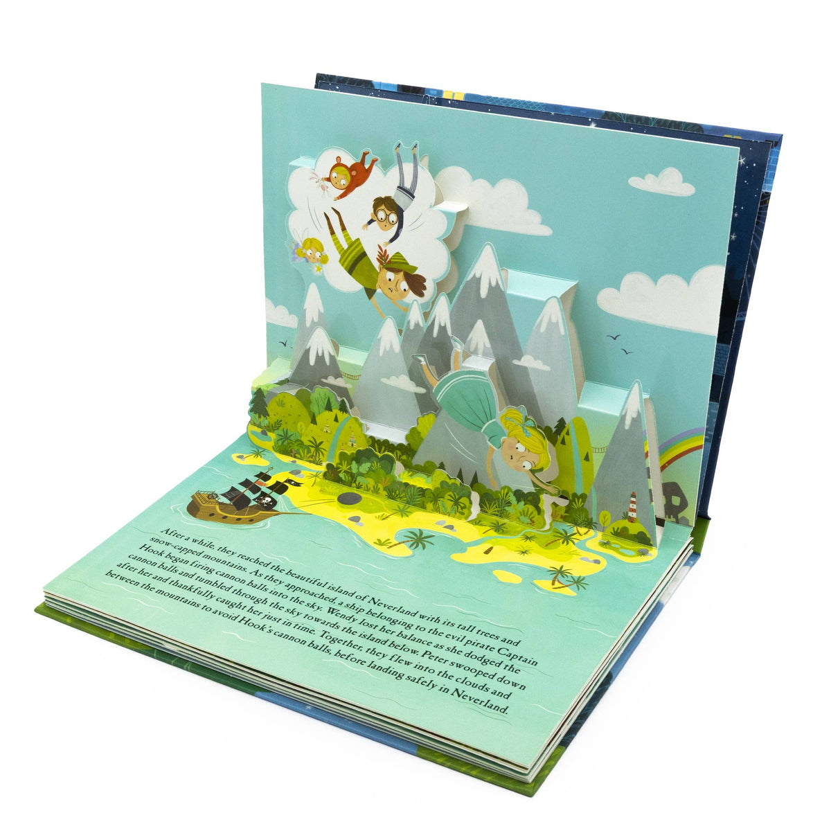 Peter Pan children's pop-up book displaying an illustrated three-dimensional night-time scene
