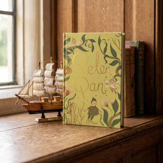 Peter Pan by J. M. Barrie Wordsworth hardback with a miniature sailing ship on an oak shelf