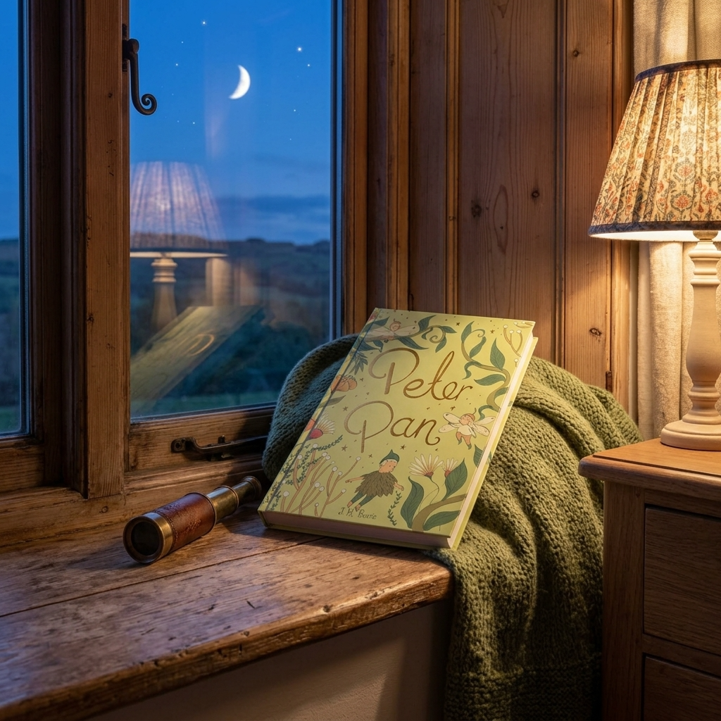 Peter Pan by J. M. Barrie hardback beside a traditional window at dusk