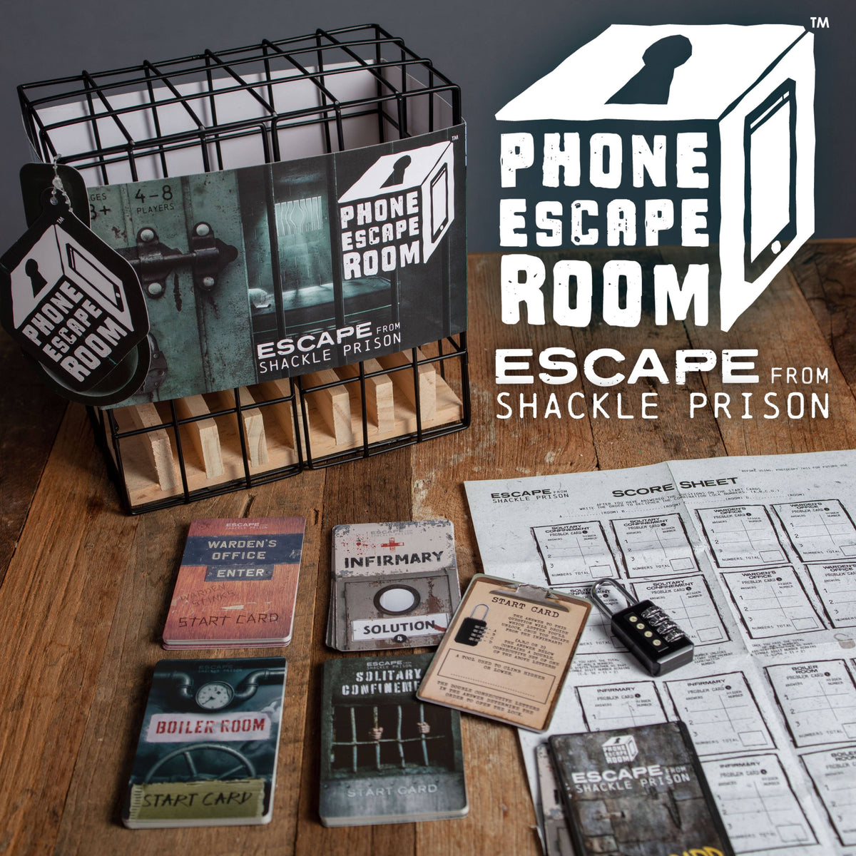 Phone Escape Room Puzzle Game showing the Shackleton Prison challenge, cards and locked phone cage