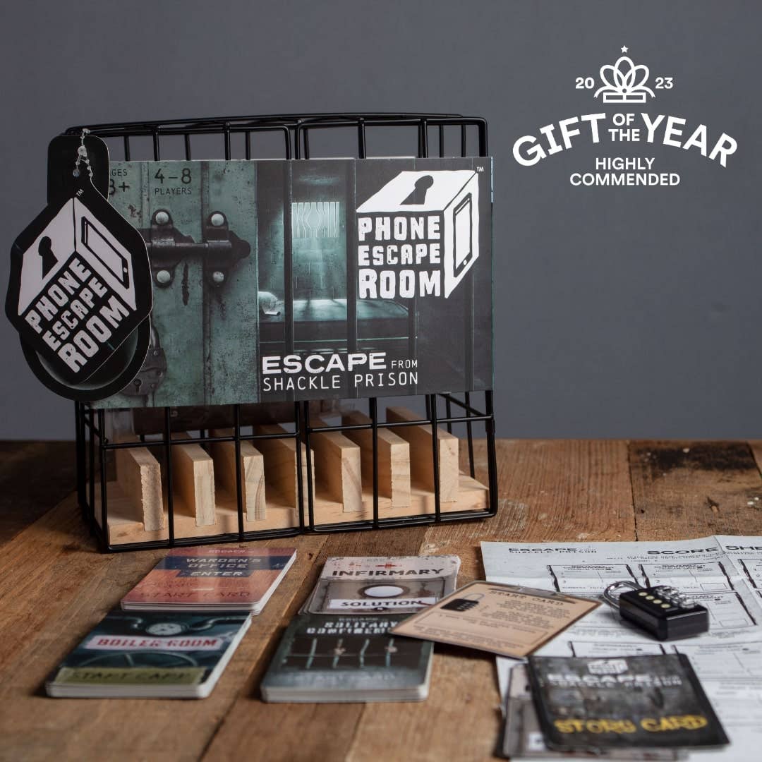 Phone Escape Room Puzzle Game with metal phone cage, combination padlock, cards and score sheet