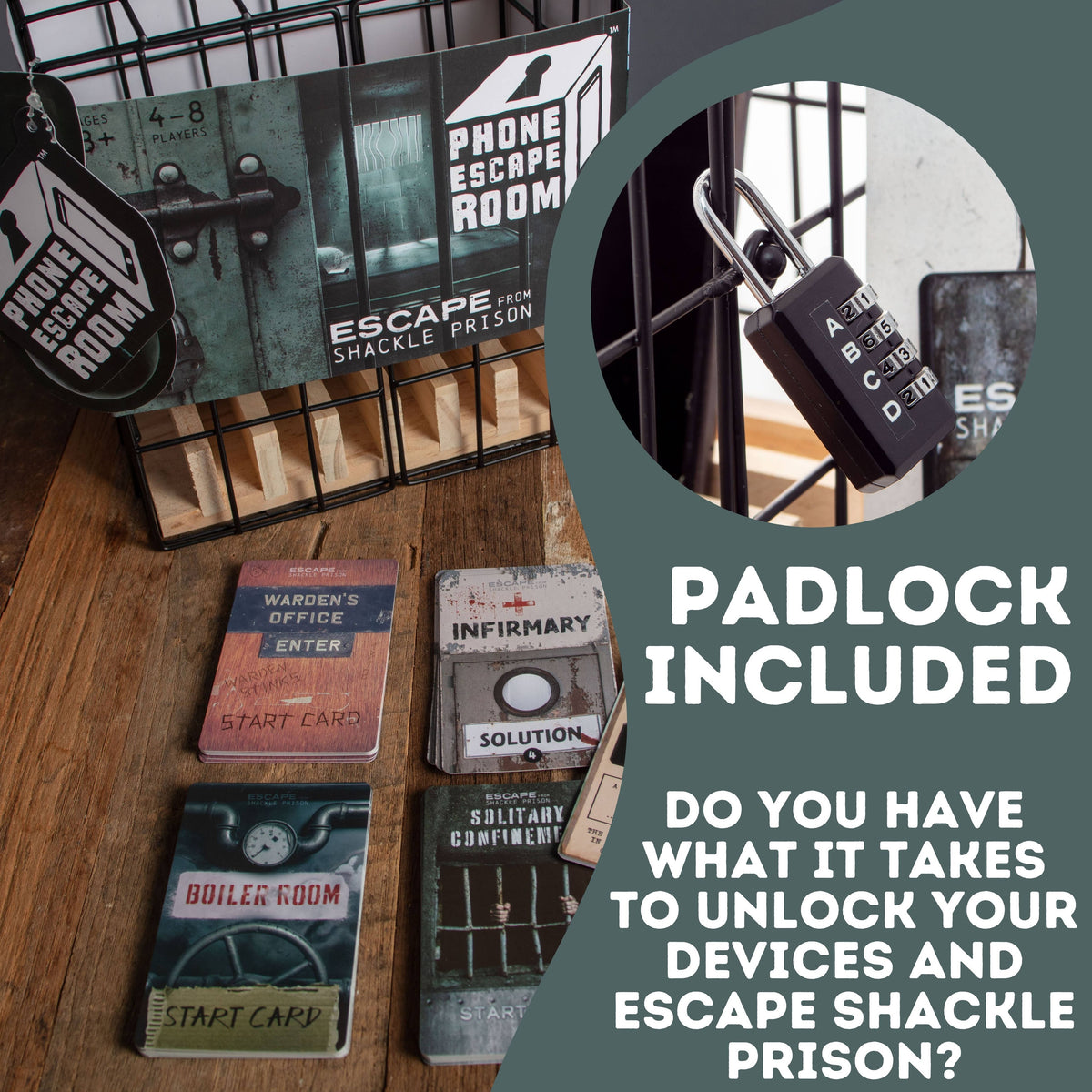 Phone Escape Room Puzzle Game showing the combination padlock used to lock phones inside the metal cage