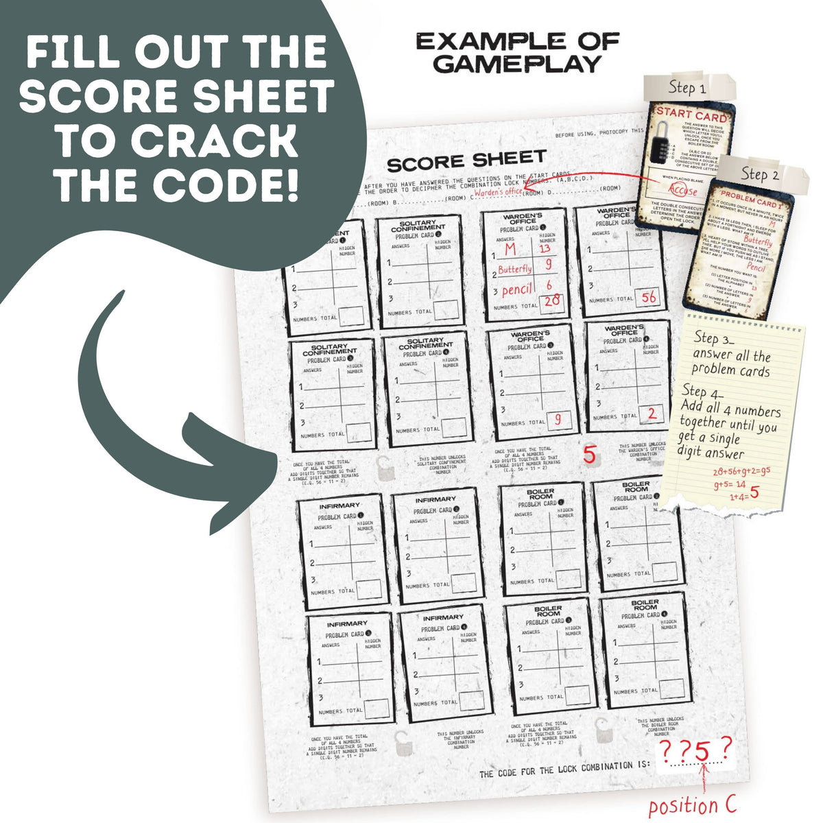 Phone Escape Room Puzzle Game score sheet used to record clues and uncover the four-digit combination