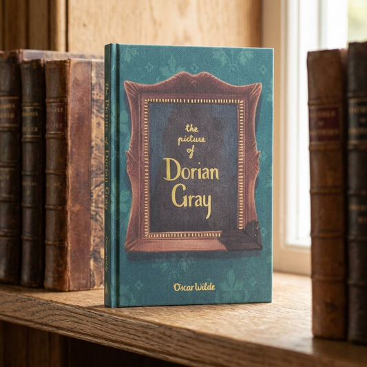 The Picture of Dorian Gray by Oscar Wilde Wordsworth Luxe hardback on an oak bookshelf