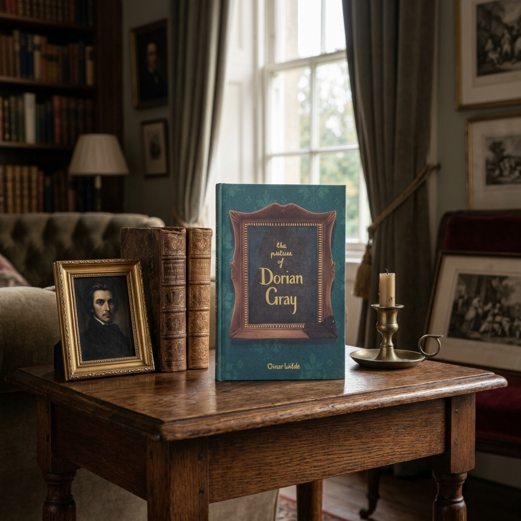 The Picture of Dorian Gray by Oscar Wilde hardback in a Victorian study with framed portrait