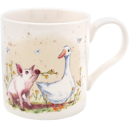 Ceramic mug with illustrated pig and duck and colourful floral details