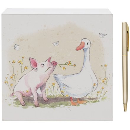 Pig and duck memo pad with colourful wildflower farmyard illustration and pen
