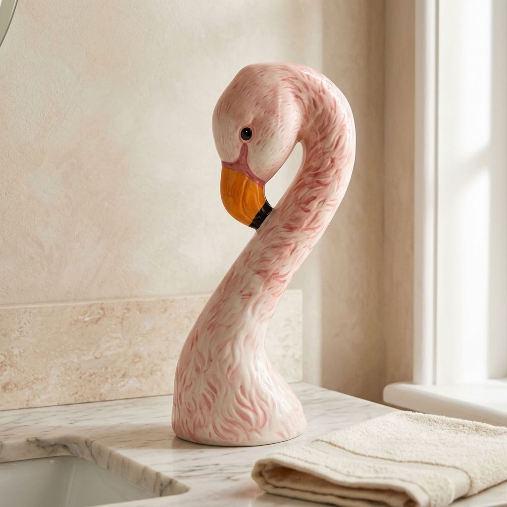 Pink flamingo head vase displayed on a pale stone bathroom vanity with softly folded neutral towels.