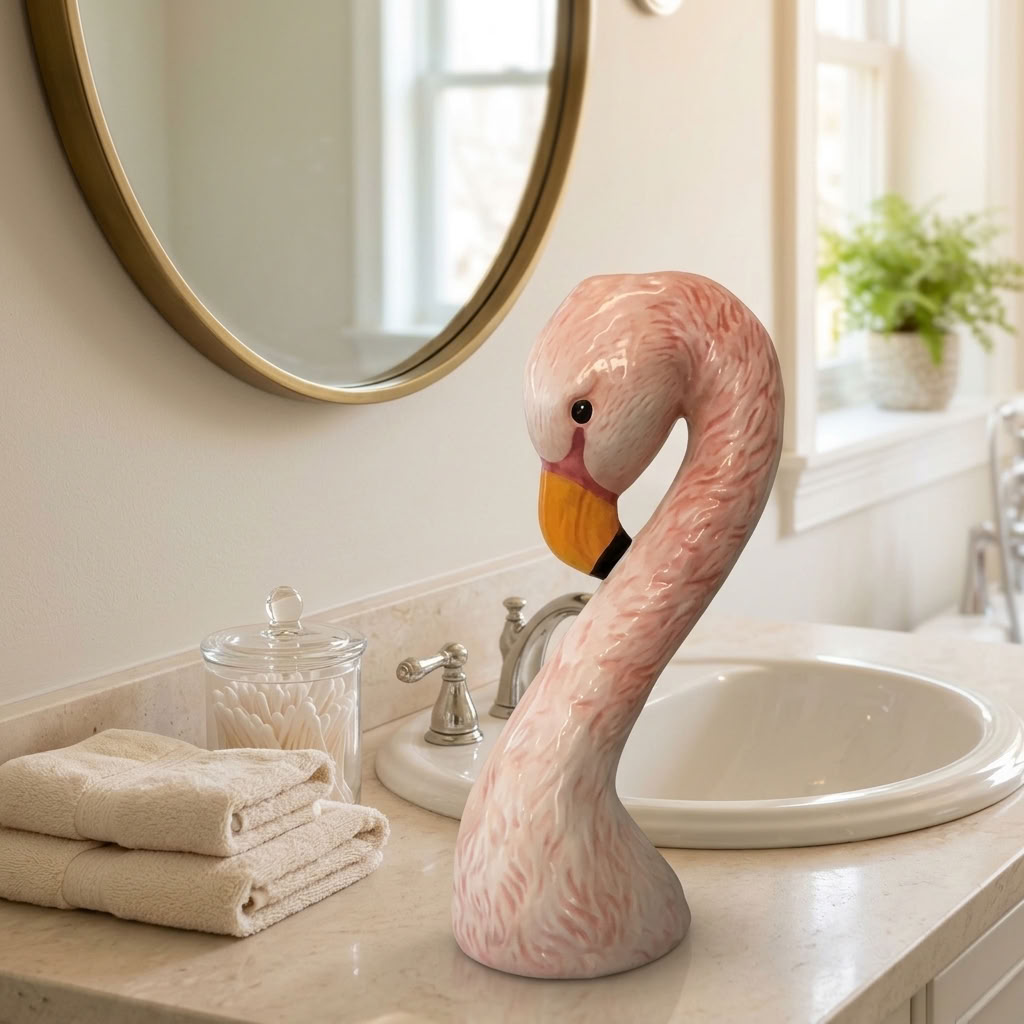 Pink flamingo head vase styled beside a bathroom basin with cream towels and subtle greenery.