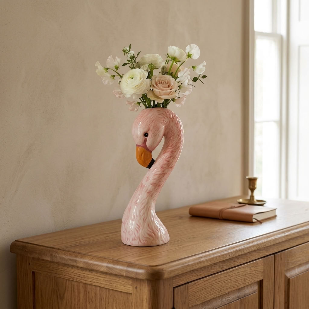 Pink flamingo head vase filled with delicate blush and white flowers on a natural oak console table.
