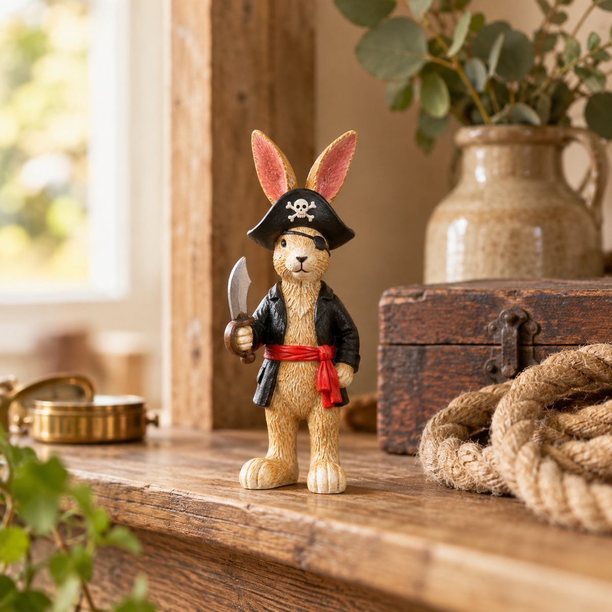 Pirate Jasper Rabbit Figurine styled with a rustic wooden chest and rope in a warm country home