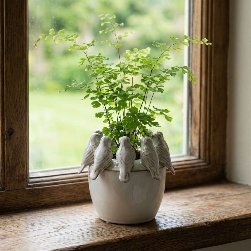 Planter with Birds on Rim and delicate green foliage styled on a wooden cottage window ledge overlooking the garden