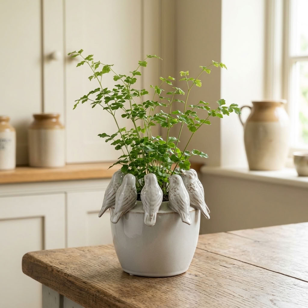 Planter with Birds on Rim filled with a leafy green plant on an aged oak table in an English country kitchen