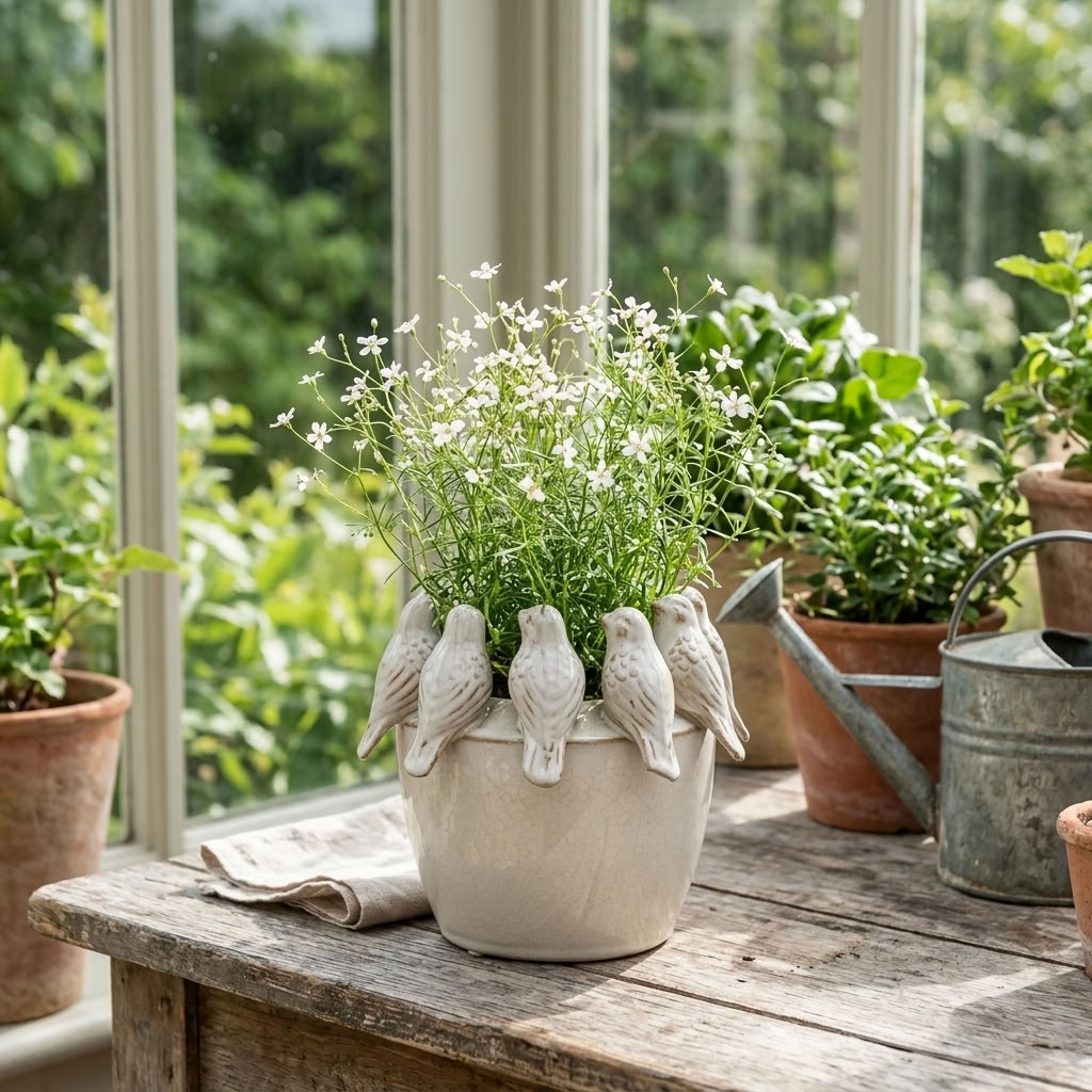 Planter with Birds on Rim filled with delicate white flowers on an aged wooden table in a country garden room
