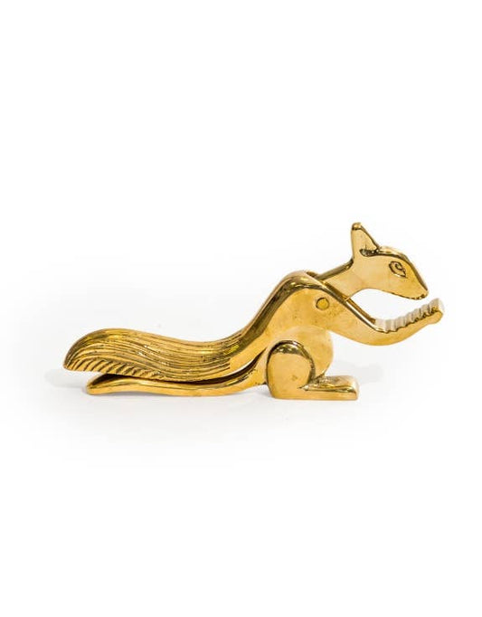 Polished Brass Squirrel Nutcracker featuring a detailed squirrel design with a long textured tail and golden finish