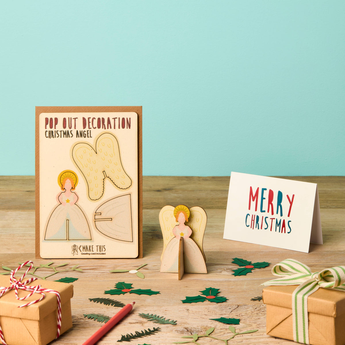 Pop Out Angel Christmas Card with assembled wooden angel decoration and Merry Christmas message card