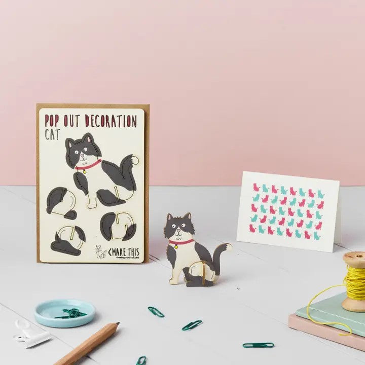 Pop Out Black & White Cat Greeting Card with assembled wooden cat decoration and patterned message card
