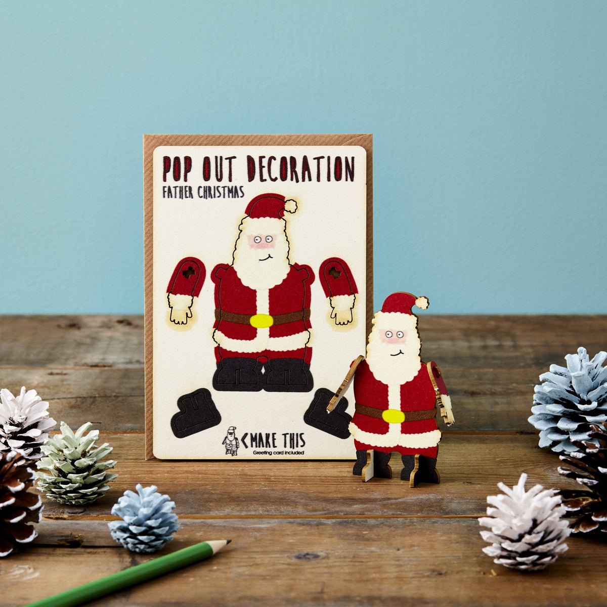 Pop Out Father Christmas Card with assembled wooden Father Christmas decoration in his traditional red suit