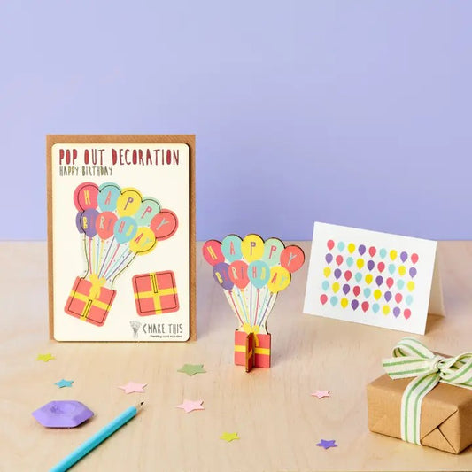 Pop Out Happy Birthday Balloons Card with colourful wooden balloon decoration and birthday message card