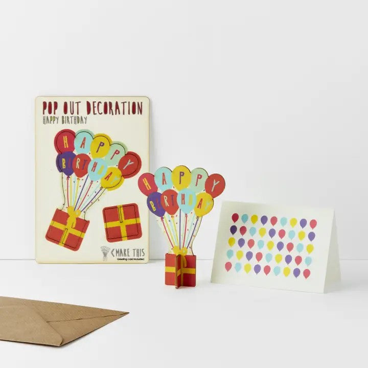 Pop Out Happy Birthday Balloons Card showing the flat pop-out design, assembled wooden balloon decoration and greeting card