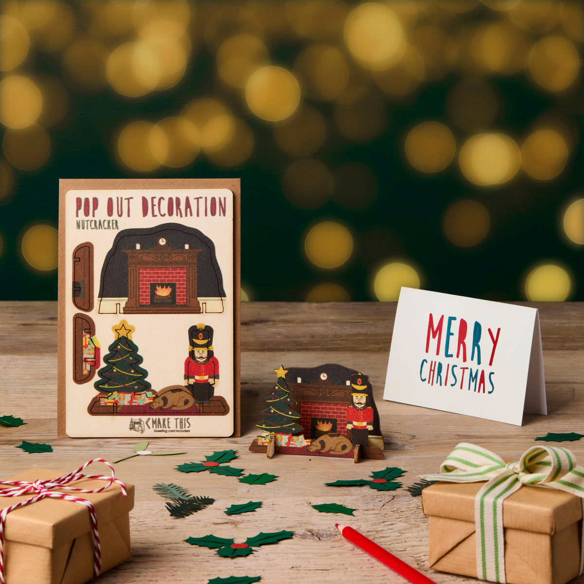 Pop Out Nutcracker Christmas Card assembled as a festive fireside decoration with Merry Christmas message card