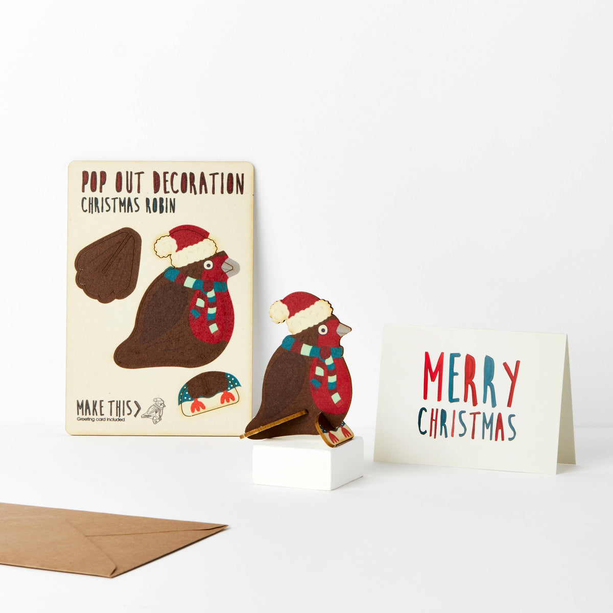 Pop Out Robin Christmas Card showing the flat pop-out sheet, assembled robin and Merry Christmas message card