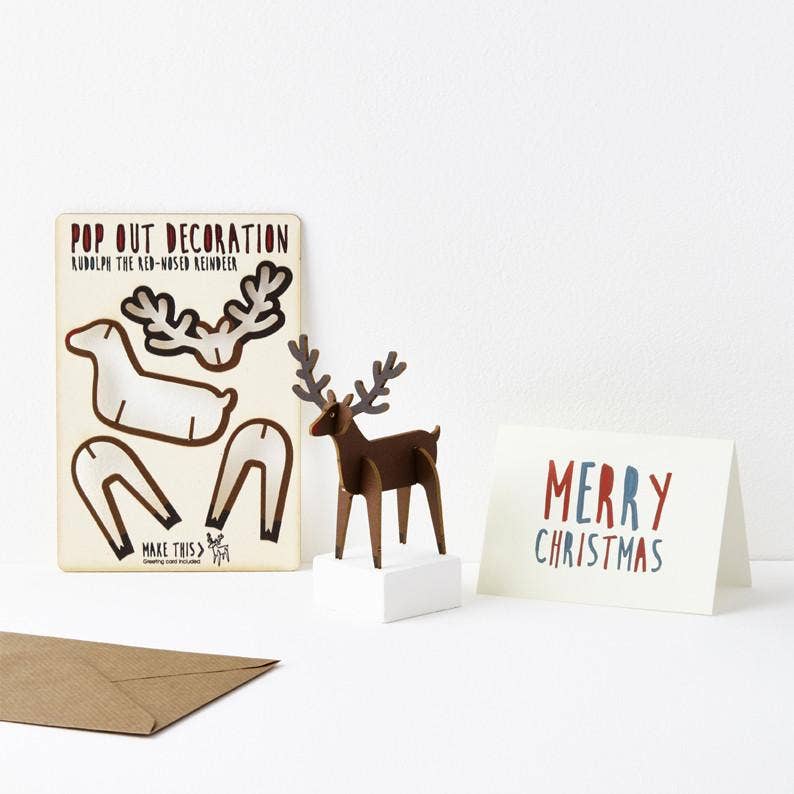 Pop Out Rudolph Christmas Card showing the pop-out sheet, assembled wooden reindeer and Merry Christmas card