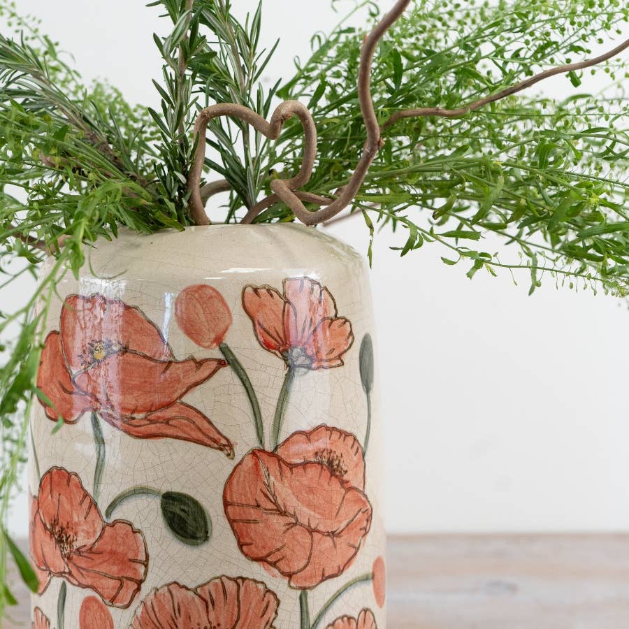 Poppy Vase 30.5cm close-up showing the decorative red poppies, delicate botanical stems and textured floral detailing against the cream glazed surface.