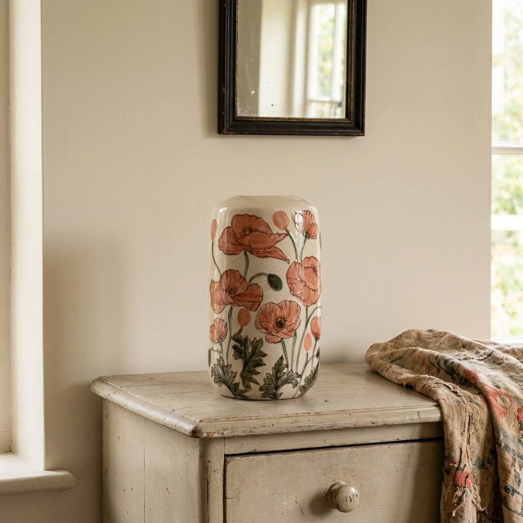 Poppy Vase, 30.5cm, displayed on a painted wooden chest of drawers beside a vintage mirror in an English country bedroom
