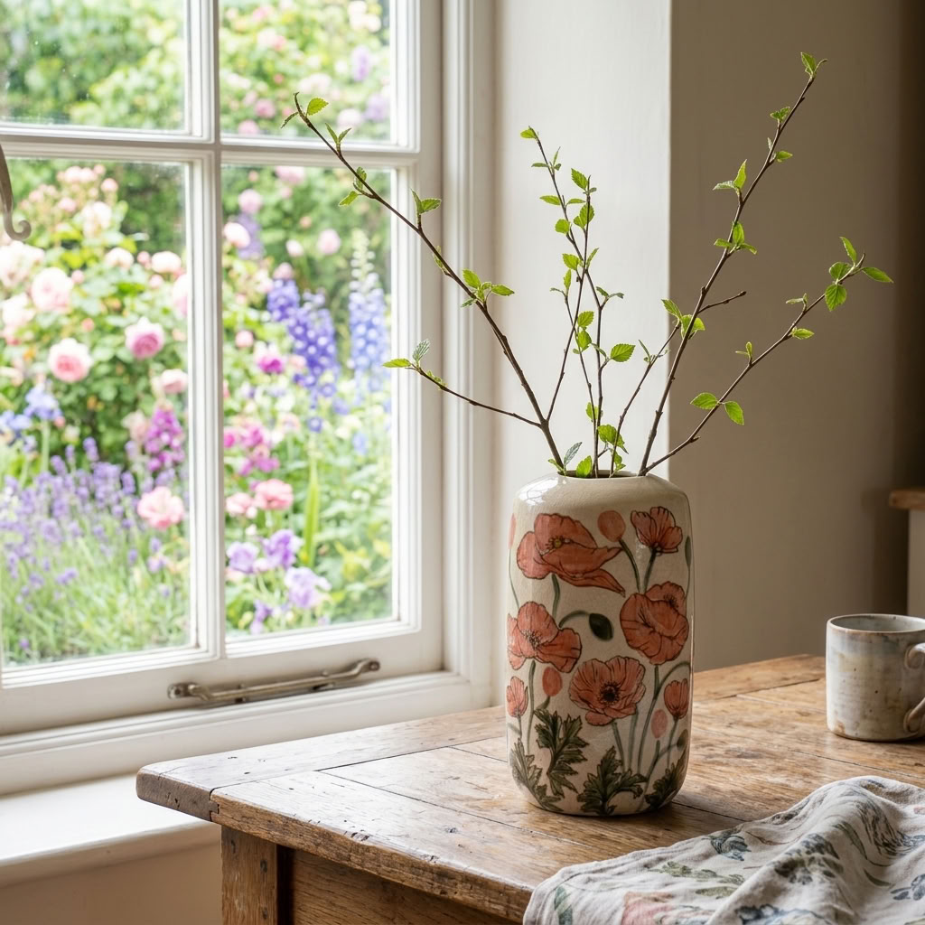 Poppy Vase, 30.5cm, with delicate green foliage on a wooden table beside a cottage kitchen window overlooking the garden