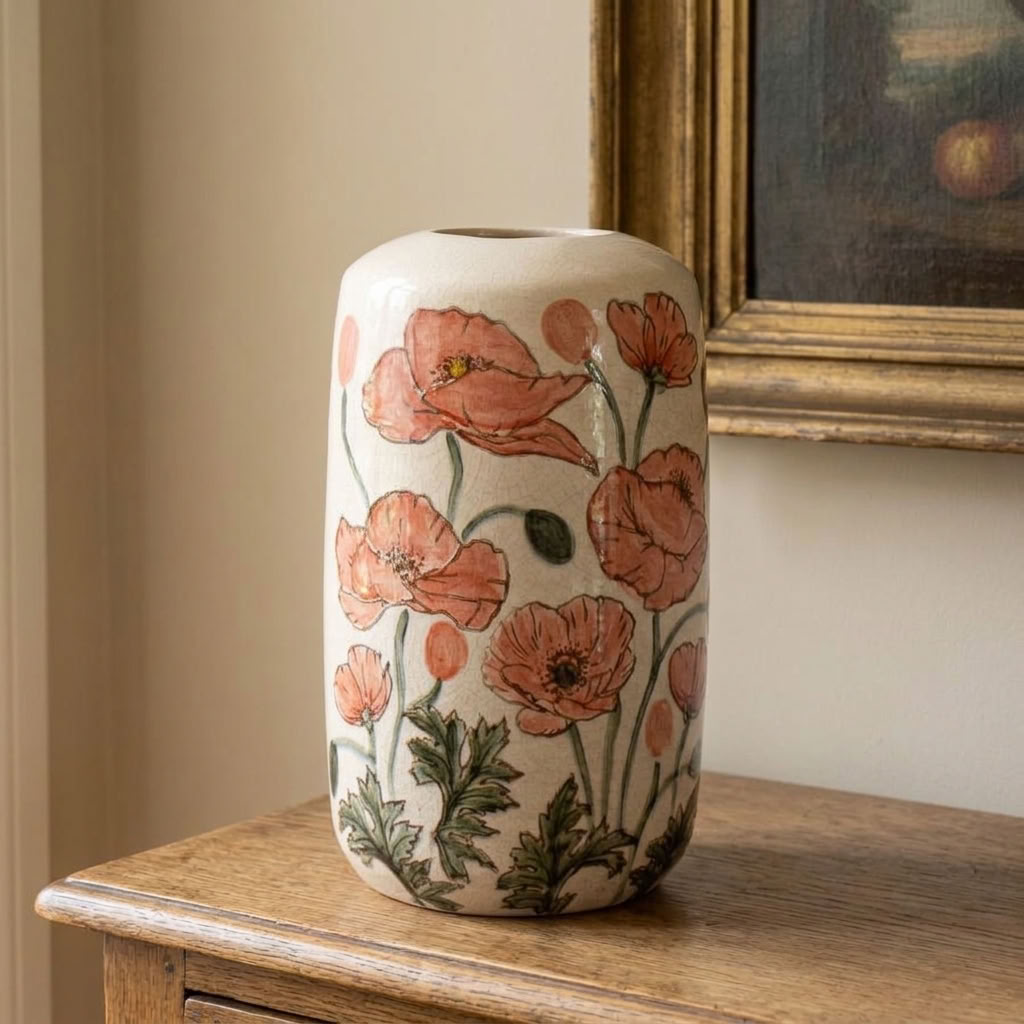 Poppy Vase, 30.5cm, displayed on an antique wooden console table in a traditional English country sitting room