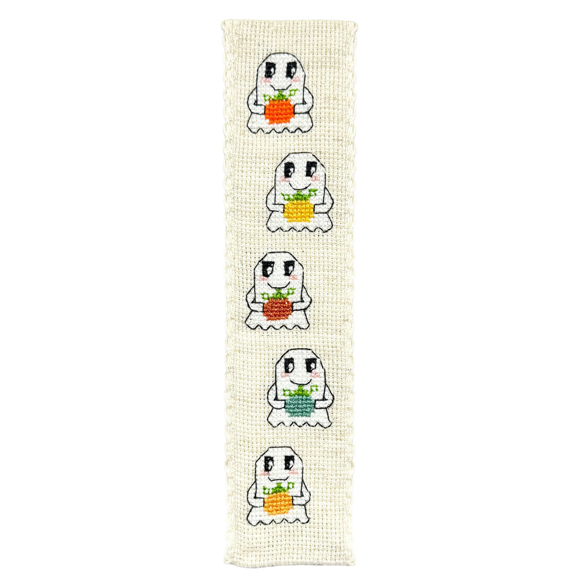 Pumpkin Ghosts Cross Stitch Bookmark Kit finished design featuring five little ghosts carrying colourful pumpkins