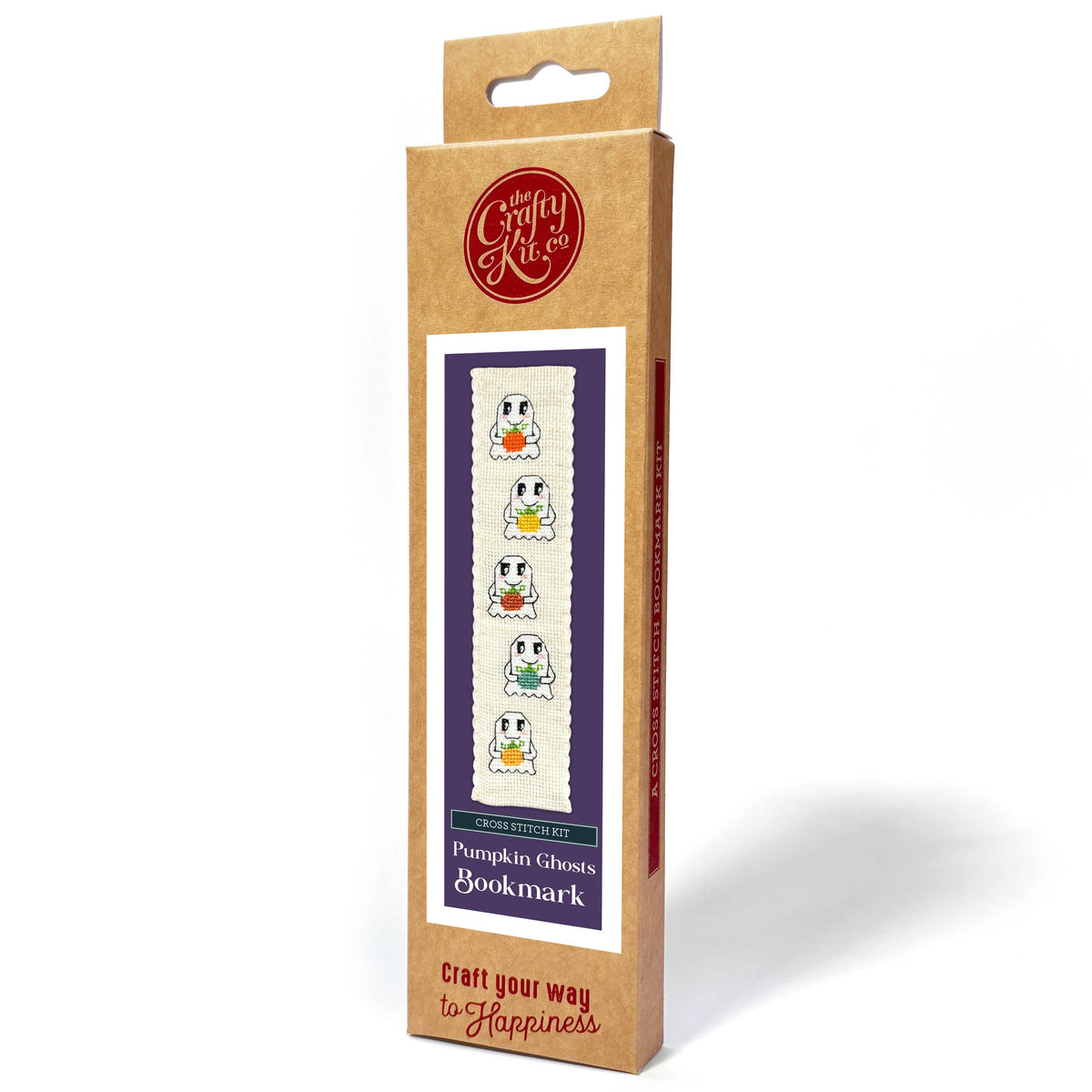 Pumpkin Ghosts Cross Stitch Bookmark Kit presented in The Crafty Kit Company packaging