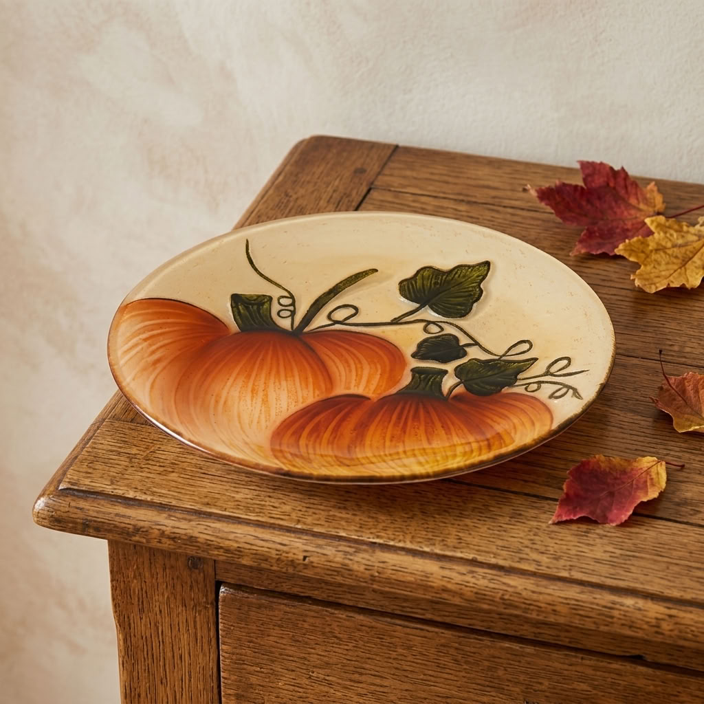 Pumpkin Glass Decorative Plate 23cm displayed on an aged wooden dresser with subtle autumn styling