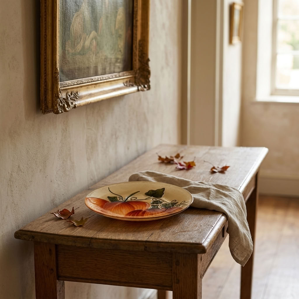 Pumpkin Glass Decorative Plate 23cm styled on an antique console table in a traditional English country hallway