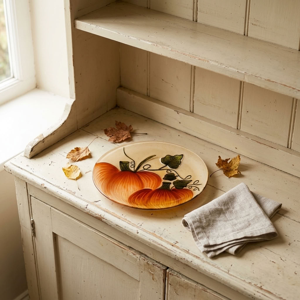 Pumpkin Glass Decorative Plate 23cm displayed with natural linen on a painted dresser in an English country kitchen