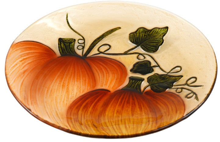 Pumpkin 23cm glass decorative plate with orange pumpkins and trailing green vine design
