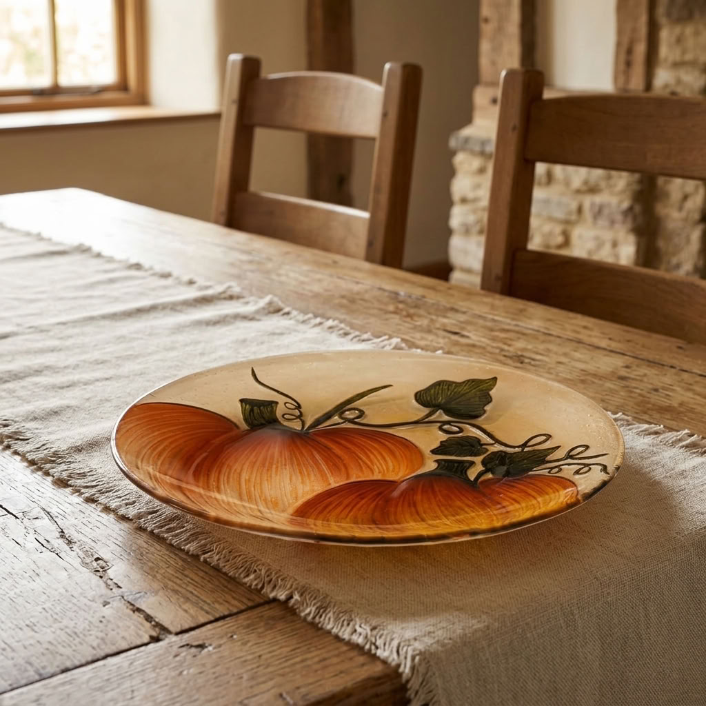 Pumpkin Glass Decorative Plate styled on a traditional wooden dining table in an English country home