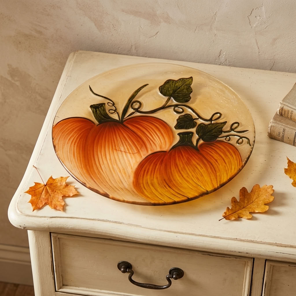 Pumpkin Glass Decorative Plate displayed on a painted country dresser with subtle autumn leaves