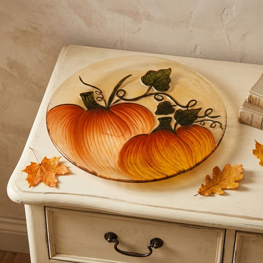 Pumpkin Glass Decorative Plate displayed on a painted country dresser with subtle autumn leaves