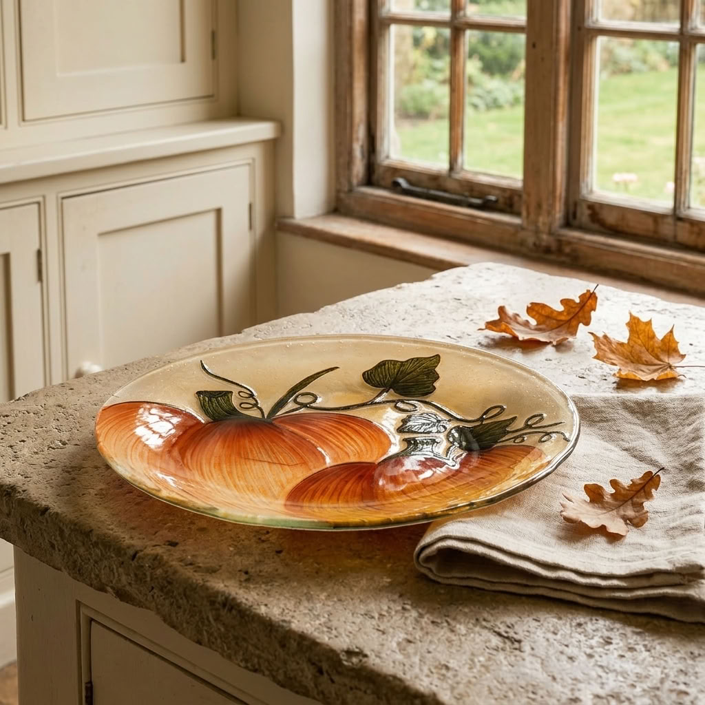 Pumpkin Glass Decorative Plate displayed on an aged stone worktop in a traditional English country kitchen