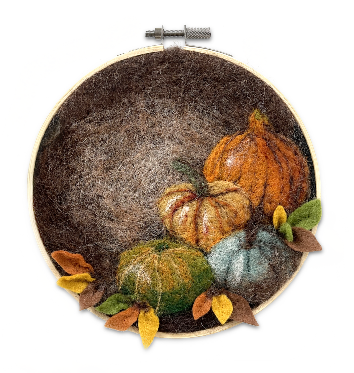Paint with Wool Pumpkin Needle Felting Kit finished hoop featuring textured pumpkins in warm autumn shades