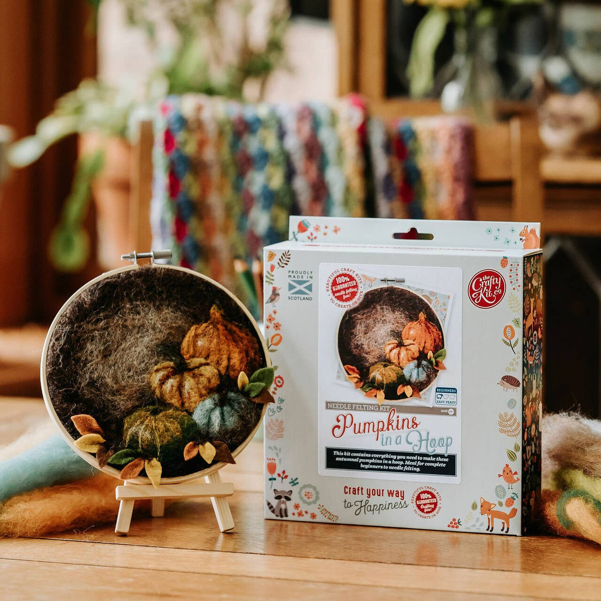 Paint with Wool Pumpkin Needle Felting Kit displayed with the finished autumn pumpkin hoop and craft kit packaging
