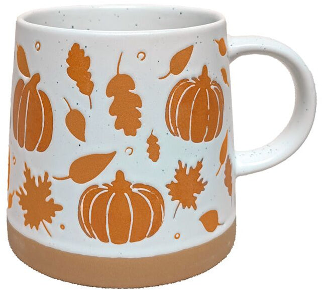Pumpkin & Leaves stoneware mug with orange pumpkins and autumn leaves on a speckled cream finish