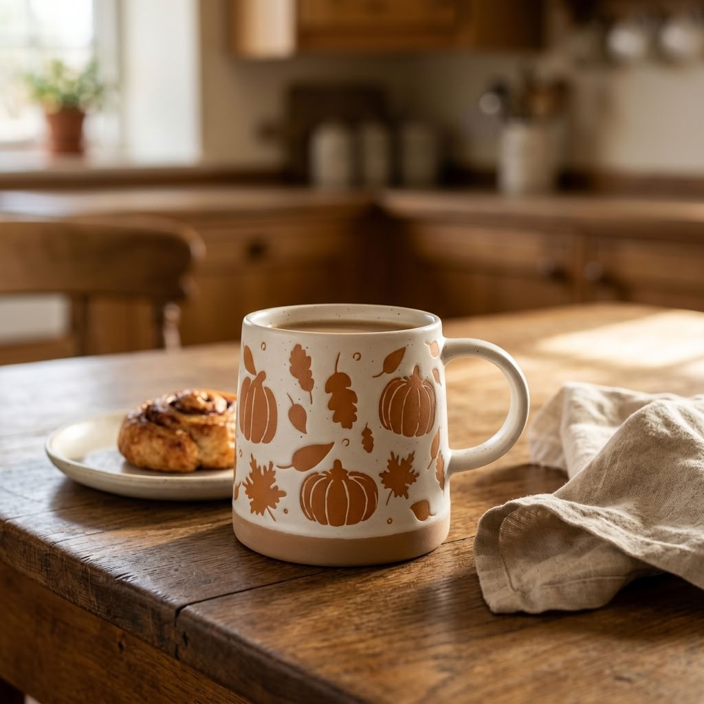 Pumpkin & Leaves Stoneware Mug styled with a pastry and linen on an aged oak country kitchen table