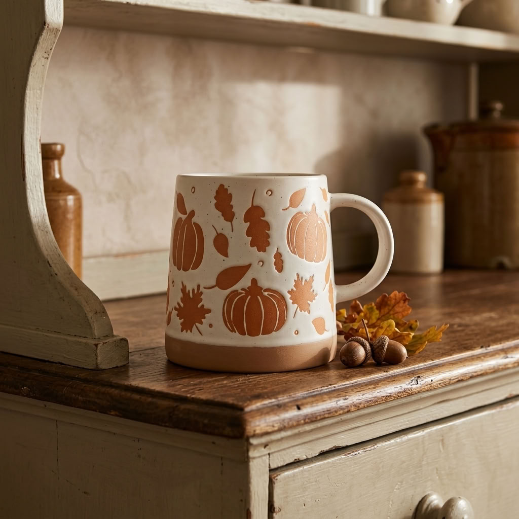 Pumpkin & Leaves Stoneware Mug displayed with subtle autumn details on an aged painted country dresser