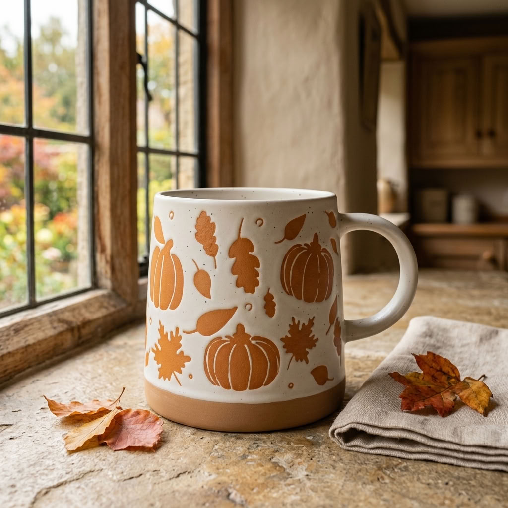 Pumpkin & Leaves Stoneware Mug styled with autumn leaves beside a traditional country kitchen window