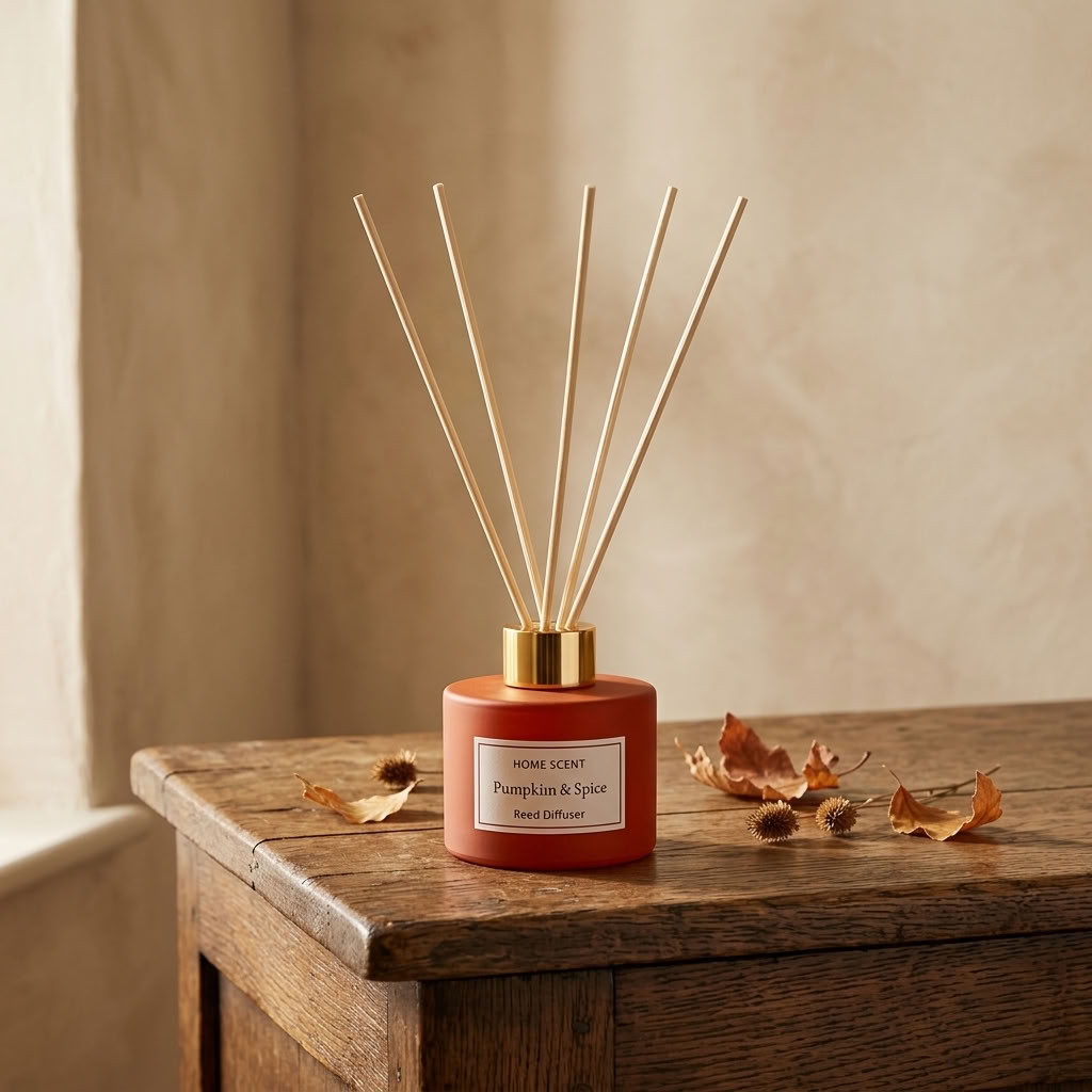 Pumpkin & Spice Reed Diffuser styled on an aged wooden dresser in a warm English country home